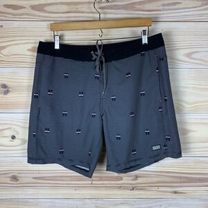 SAXX Board Shorts Mens 36 Black Striped Flip Flop Print Swim Trunks Beachwear